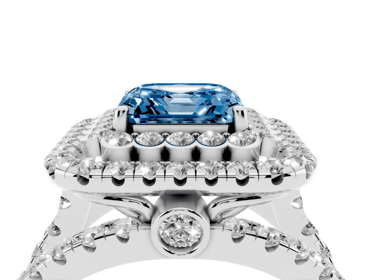 Fancy Blue Asscher Cut Diamond Double Halo Ring with Round Pavé Split Shank and Prong Setting Silver