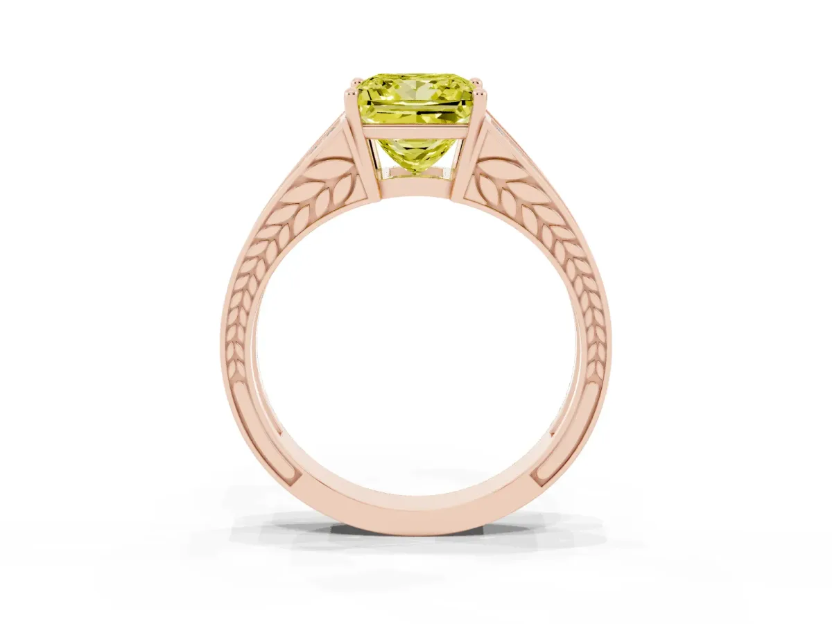 Fancy Yellow Princess Cut Diamond Split Shank Ring with Pavé Band and Four-Prong Setting Rose gold
