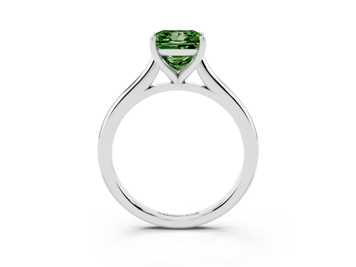 Fancy Green Princess Cut Cut Solitaire Ring with Cathedral Band and Four-Prong Setting Silver
