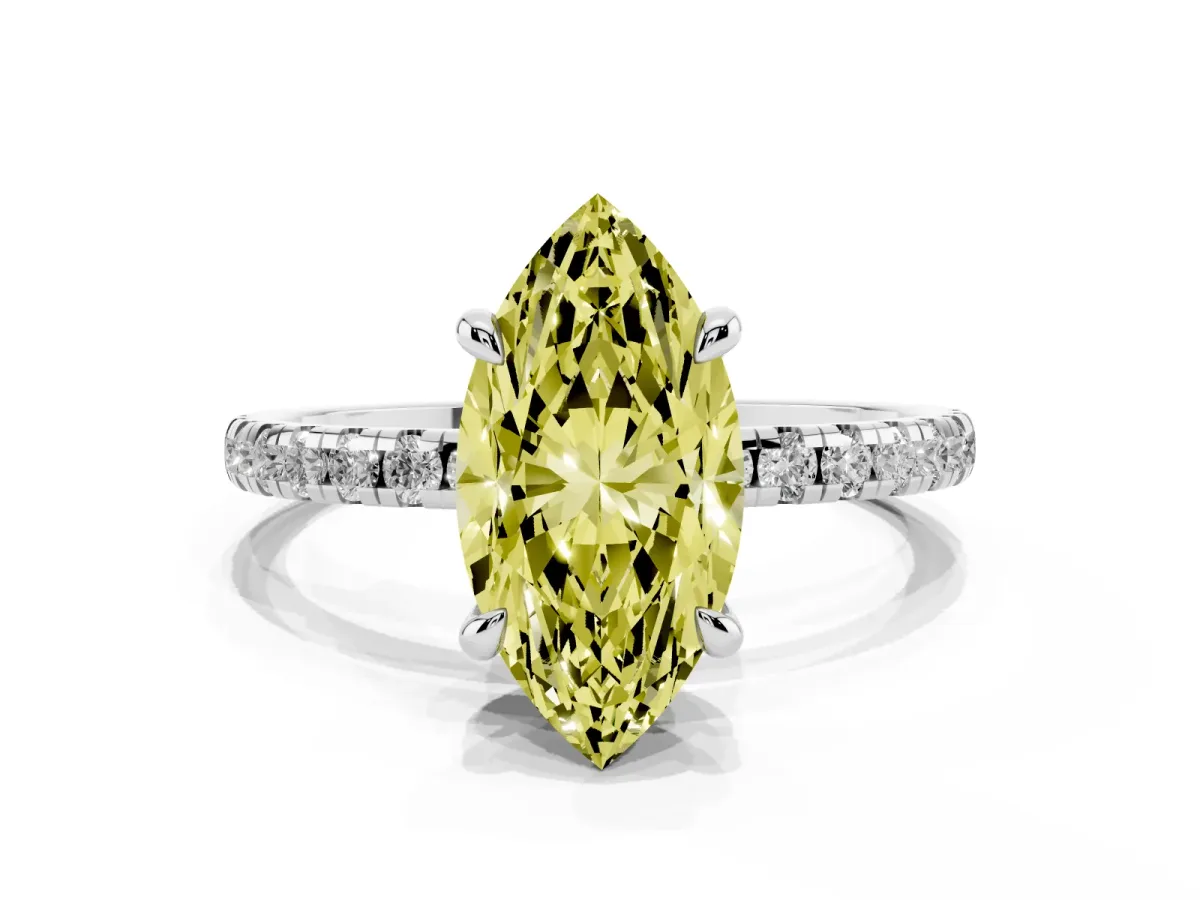Fancy Yellow Marquise Cut Diamond Brilliant Solitaire Ring with Pavé Band and Four-Prong Setting Platinum