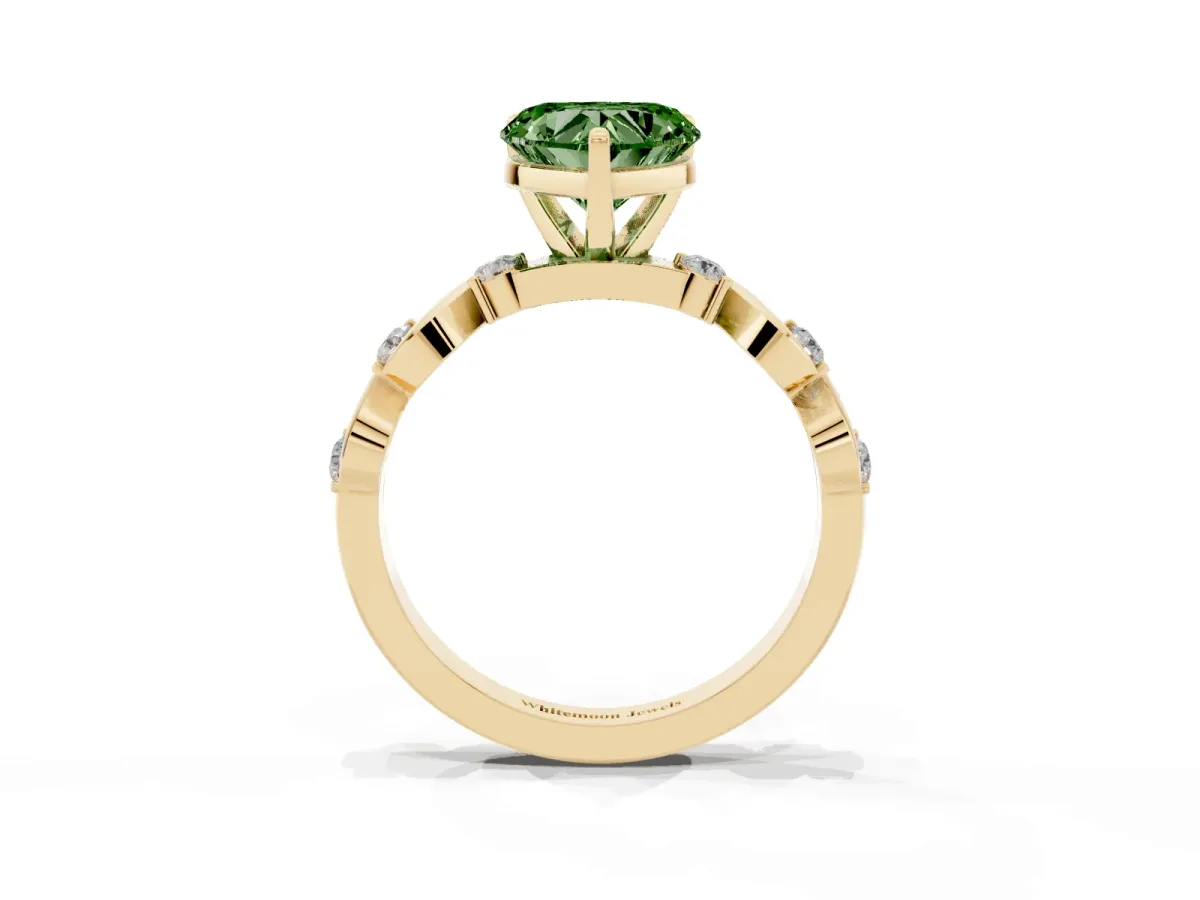 Fancy Green Heart Cut Diamond Solitaire Twisted Band with Round Accents and Prong Setting Yellow gold