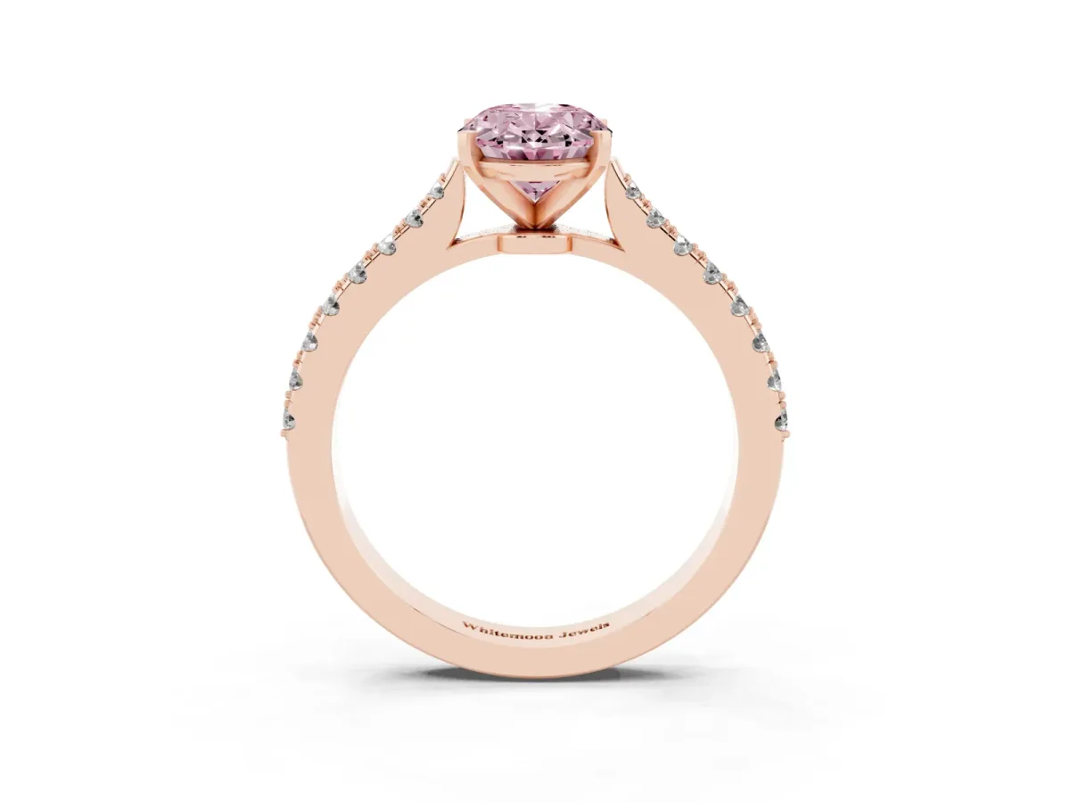 Fancy Pink Oval Cut Cut Solitaire Diamond Engagement Ring with Pave Band and Four-Prong Setting Rose gold