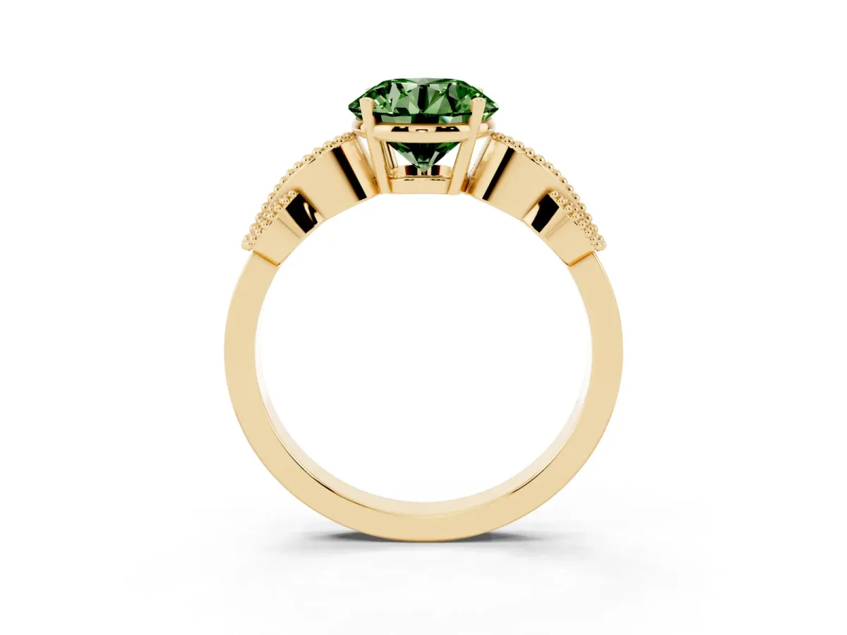 Fancy Green Round Cut Solitaire Milgrain Leaf Band with Prong Setting Yellow gold