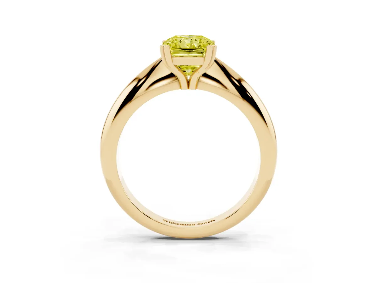 Fancy Yellow Radiant Cut Cut Solitaire Engagement Ring with Tapered Band and Four-Prong Setting Yellow gold