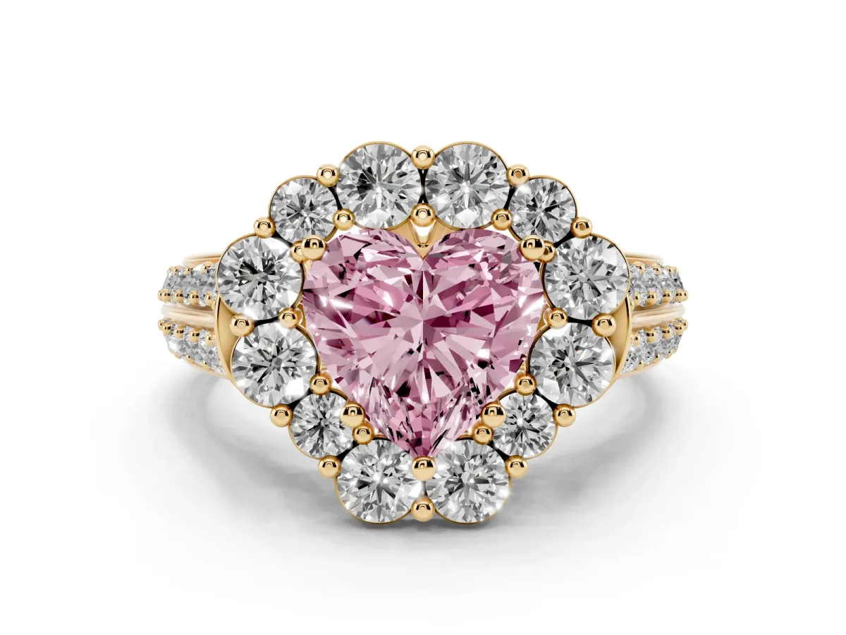 Fancy Pink Heart Cut Halo Diamond Engagement Ring with Split Shank and Prong Setting Yellow gold