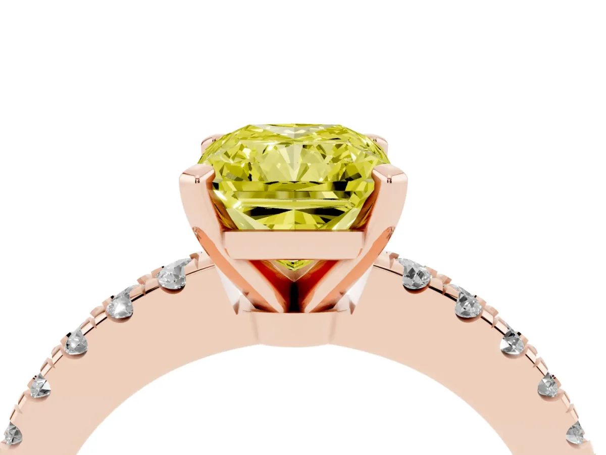 Fancy Yellow Radiant Cut Solitaire Diamond with Pavé Band and Four-Prong Setting Rose gold