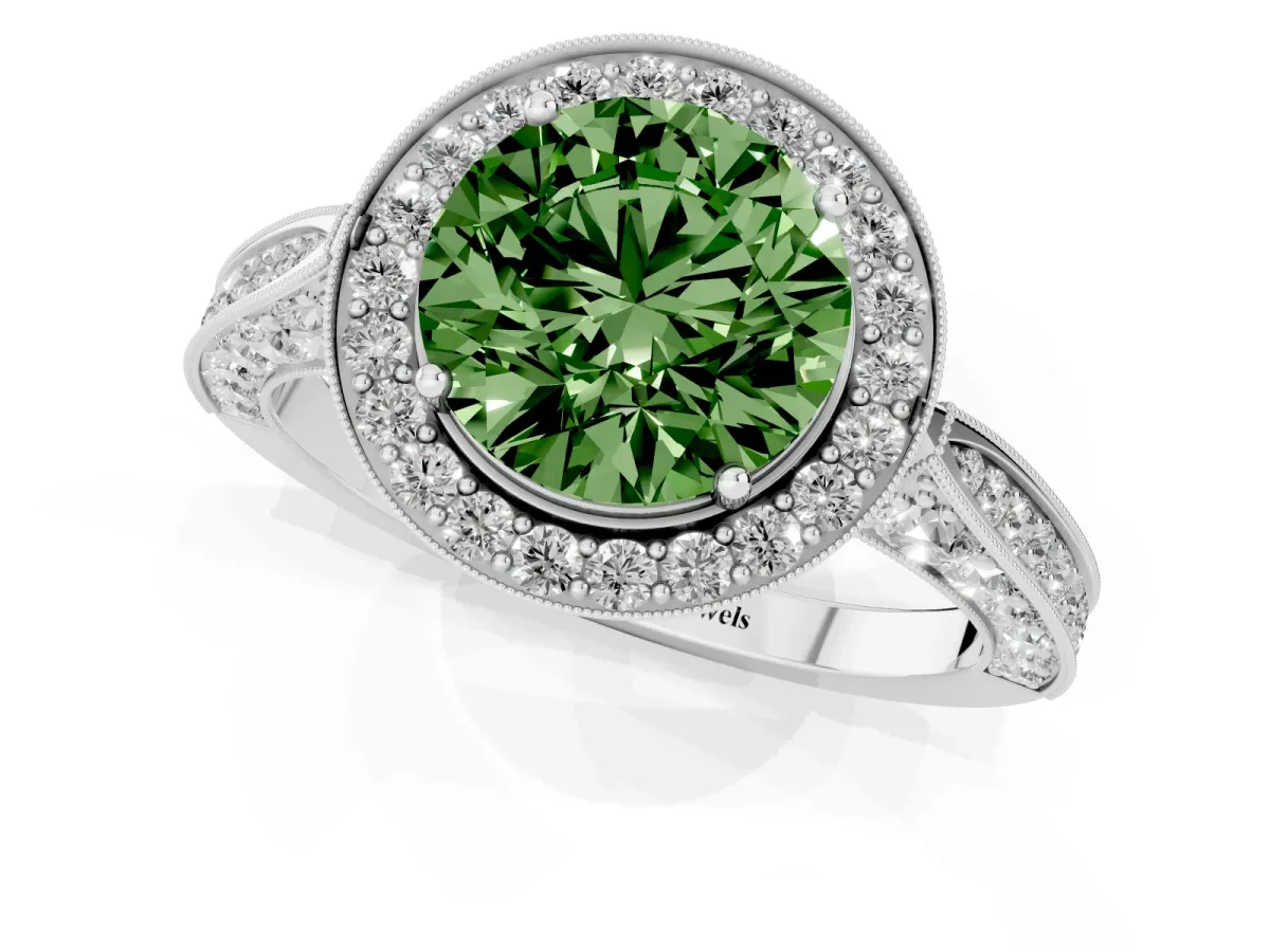 Fancy Green Round Cut Halo Diamond Engagement Ring with Split Shank Band and Four-Prong Setting Silver