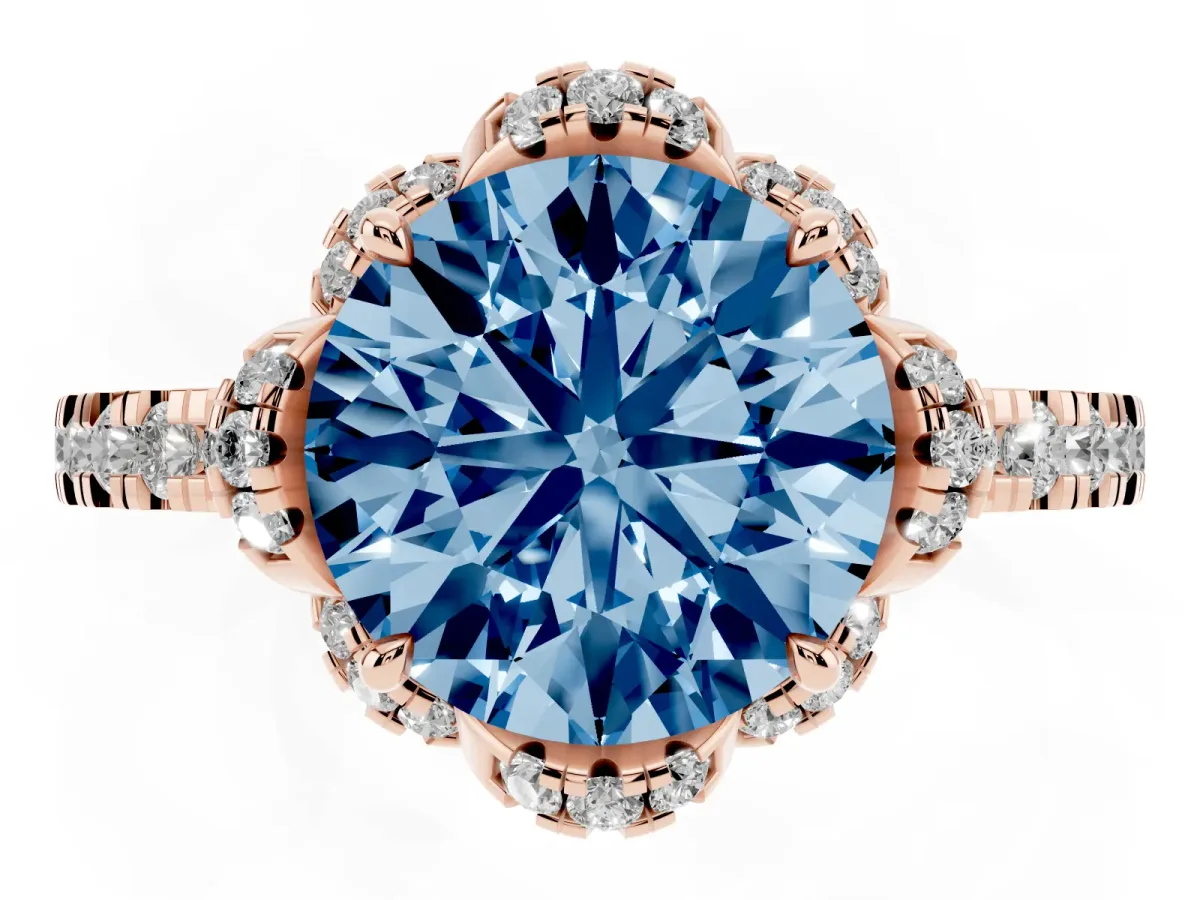 Fancy Blue Round Cut Diamond Halo Pave Band with Four-Prong Setting Rose gold
