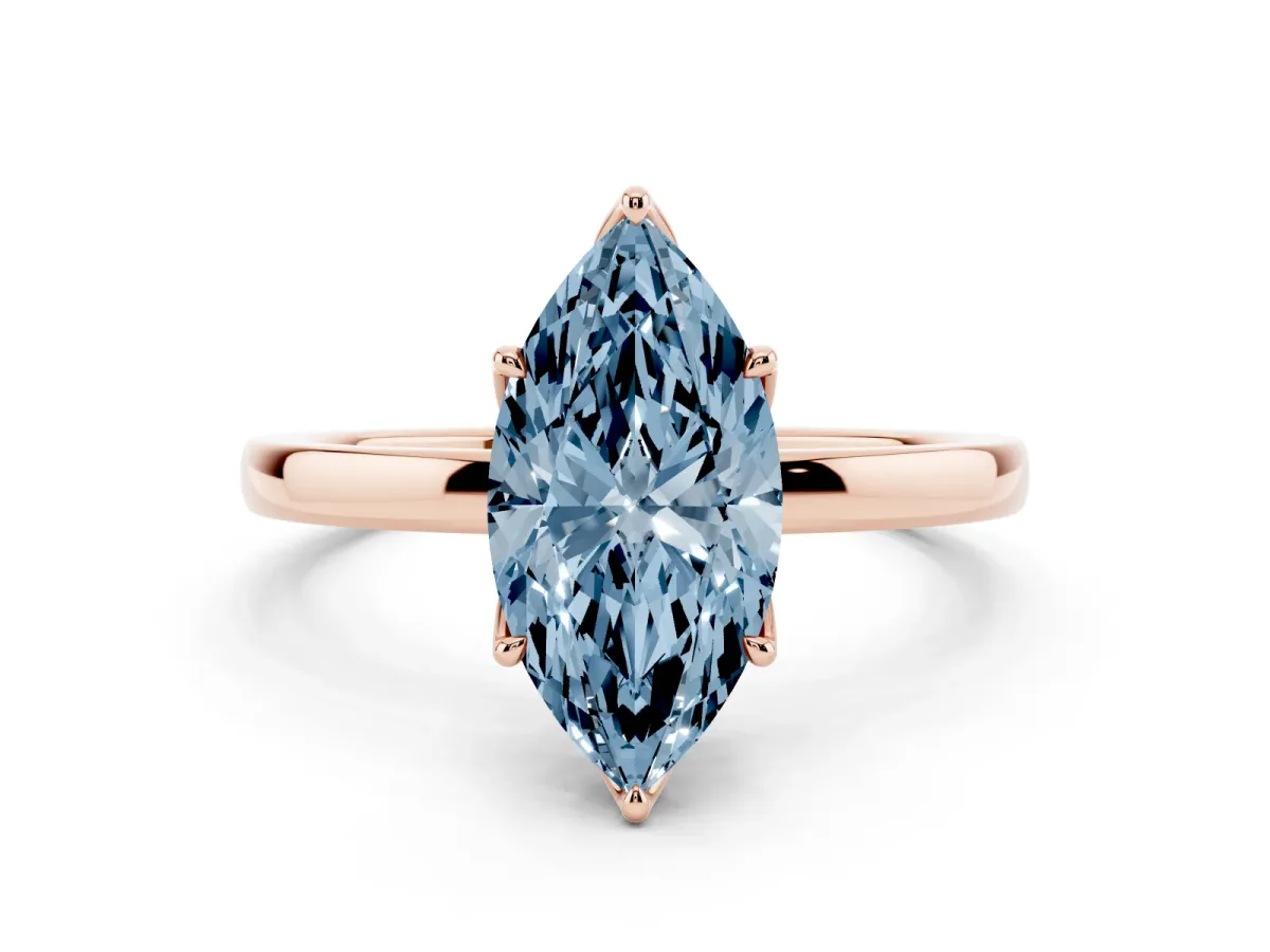 Fancy Blue Marquise Cut Diamond Solitaire Ring with Thin Band and Prong Setting Rose gold