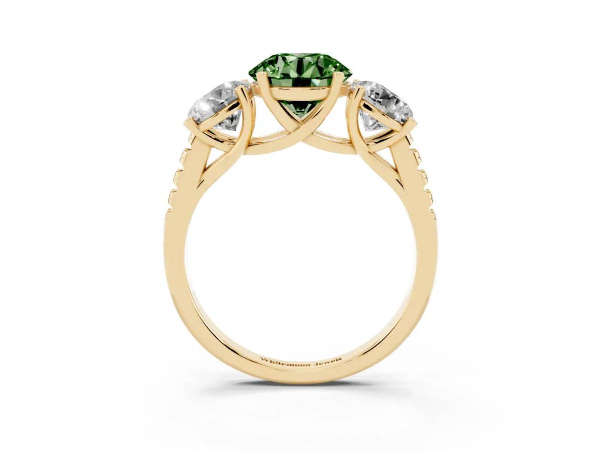 Fancy Green Three-Stone Round Cut Diamond Ring with Round Pavé Band and Prong Setting Yellow gold