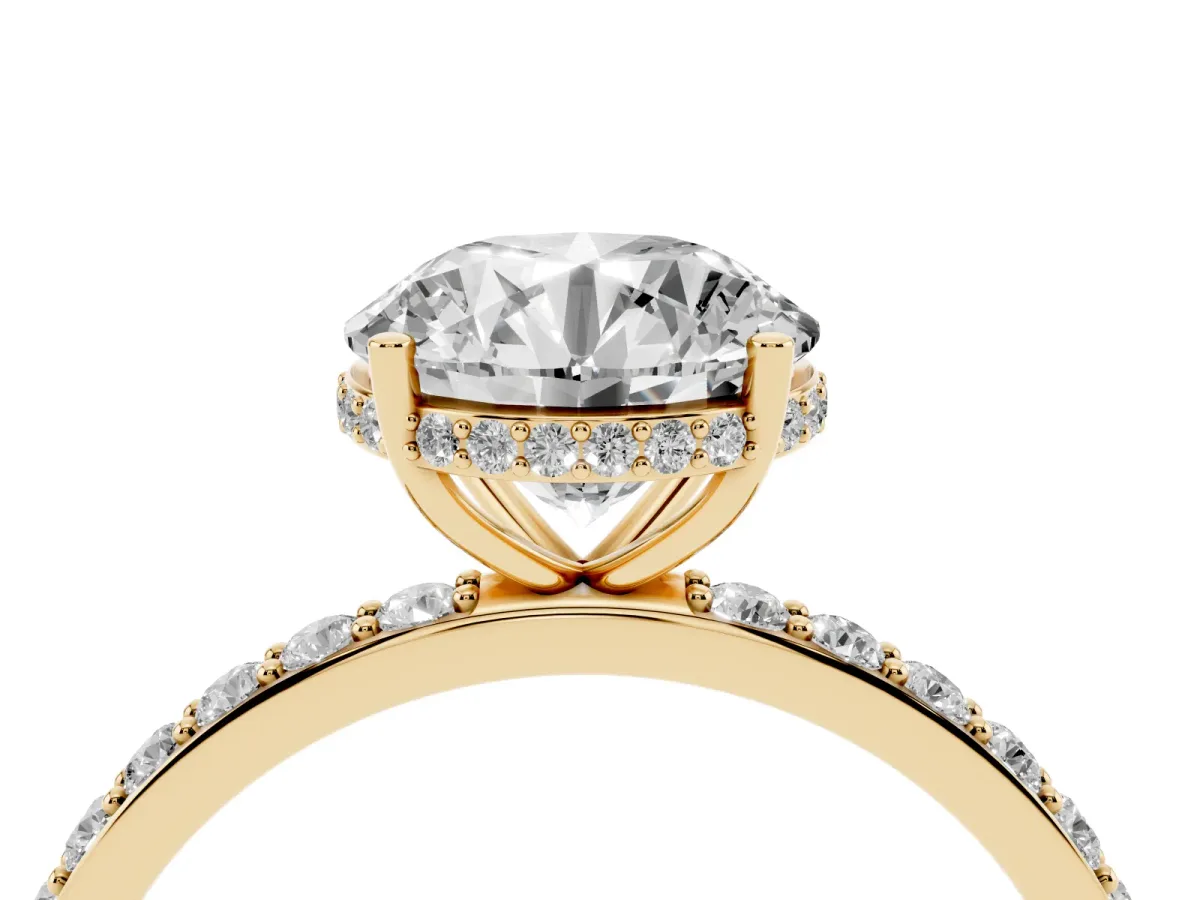 Round Cut Diamond Solitaire Ring with Pavé Band and Hidden Halo Yellow gold