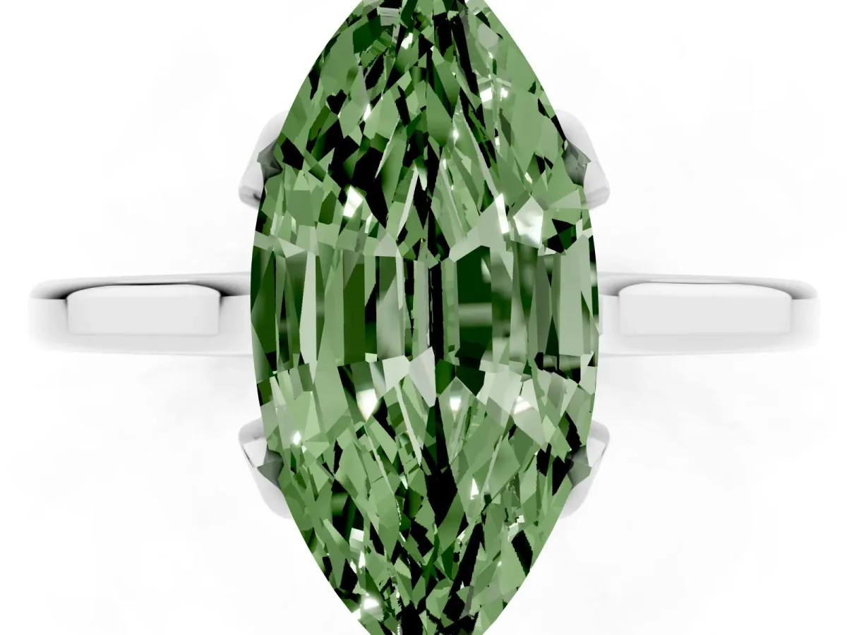 Fancy Green Marquise Cut Diamond Solitaire Ring with Flower Prong Setting and Classic Band Silver