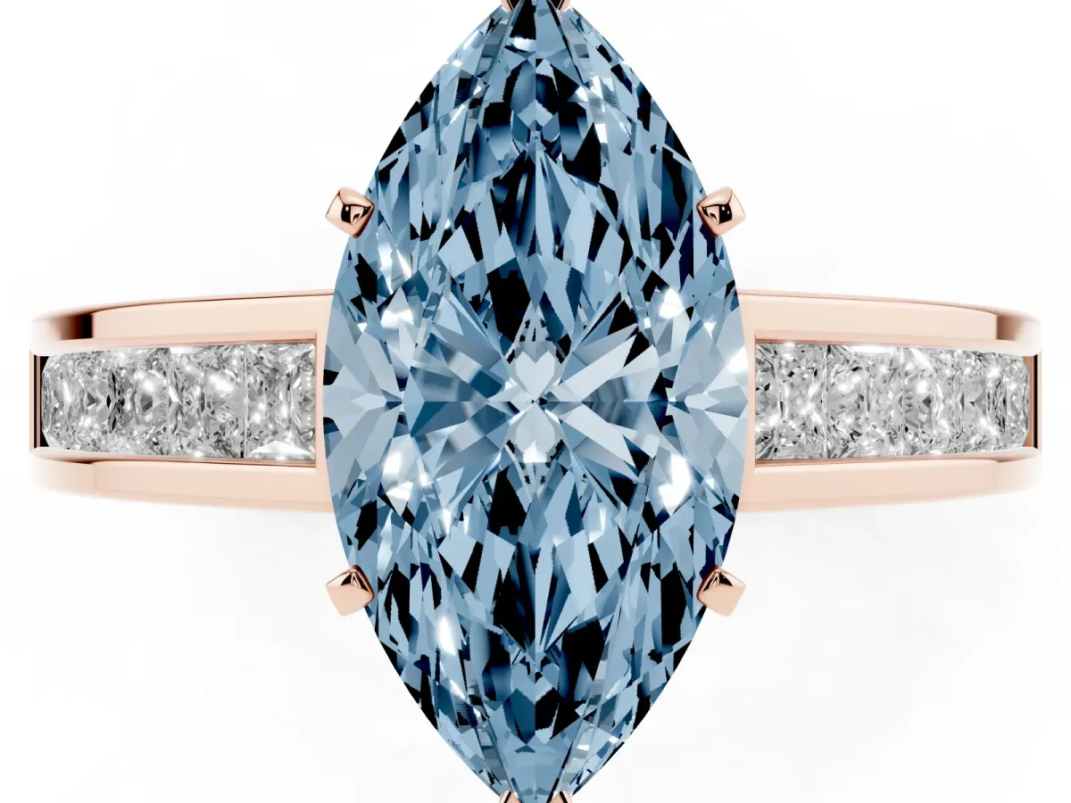 Fancy Blue Marquise Cut Solitaire Diamond Ring with Channel-Set Band and Four-Prong Setting Rose gold
