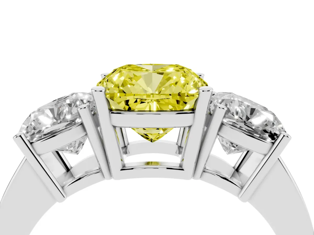 Fancy Yellow Three-Stone Cushion Cut Cut Diamond Engagement Ring with Flat Band and Four-Prong Setting Silver