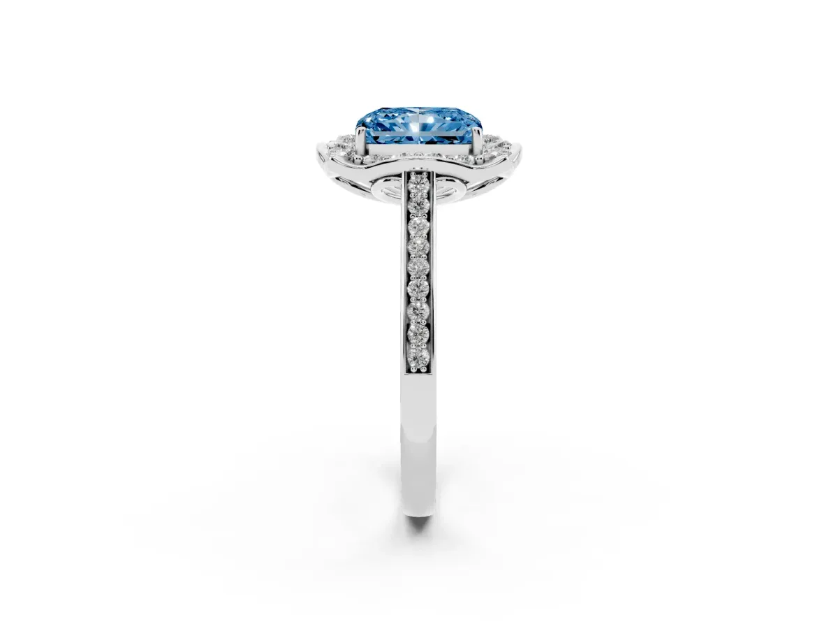Fancy Blue Radiant Cut Halo Round Diamond Pave Band with Four-Prong Setting White gold