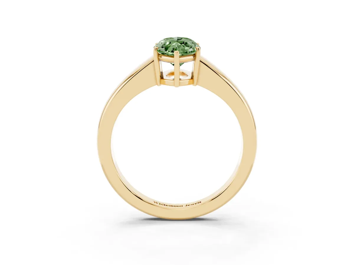 Fancy Green Marquise Cut Solitaire Diamond Ring with Tapered Band and Four-Prong Setting Yellow gold