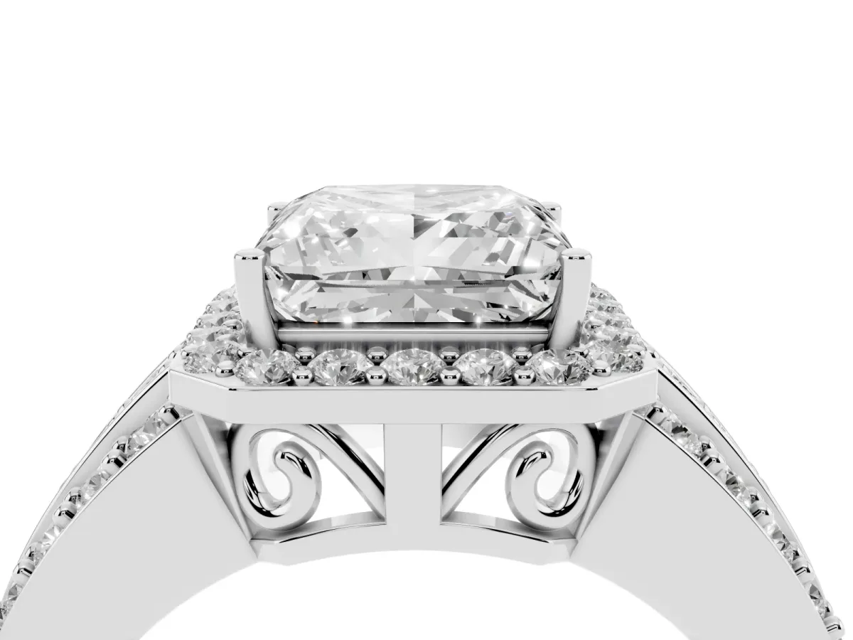 Princess Cut Halo Diamond Ring with Round Split Shank and Prong Setting Silver