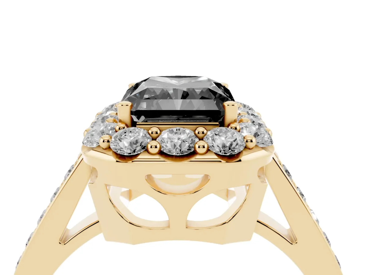 Fancy Black Radiant Cut Diamond Floral Halo Ring with Pavé Band and Prong Setting Yellow gold