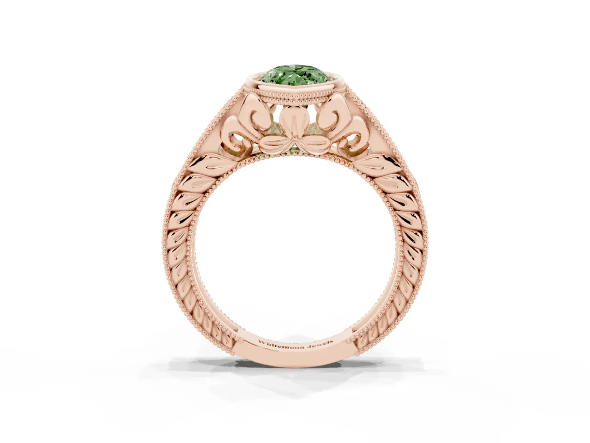 Fancy Green Bezel Set Marquise Cut Diamond Milgrain Pave Engagement Ring Rose gold