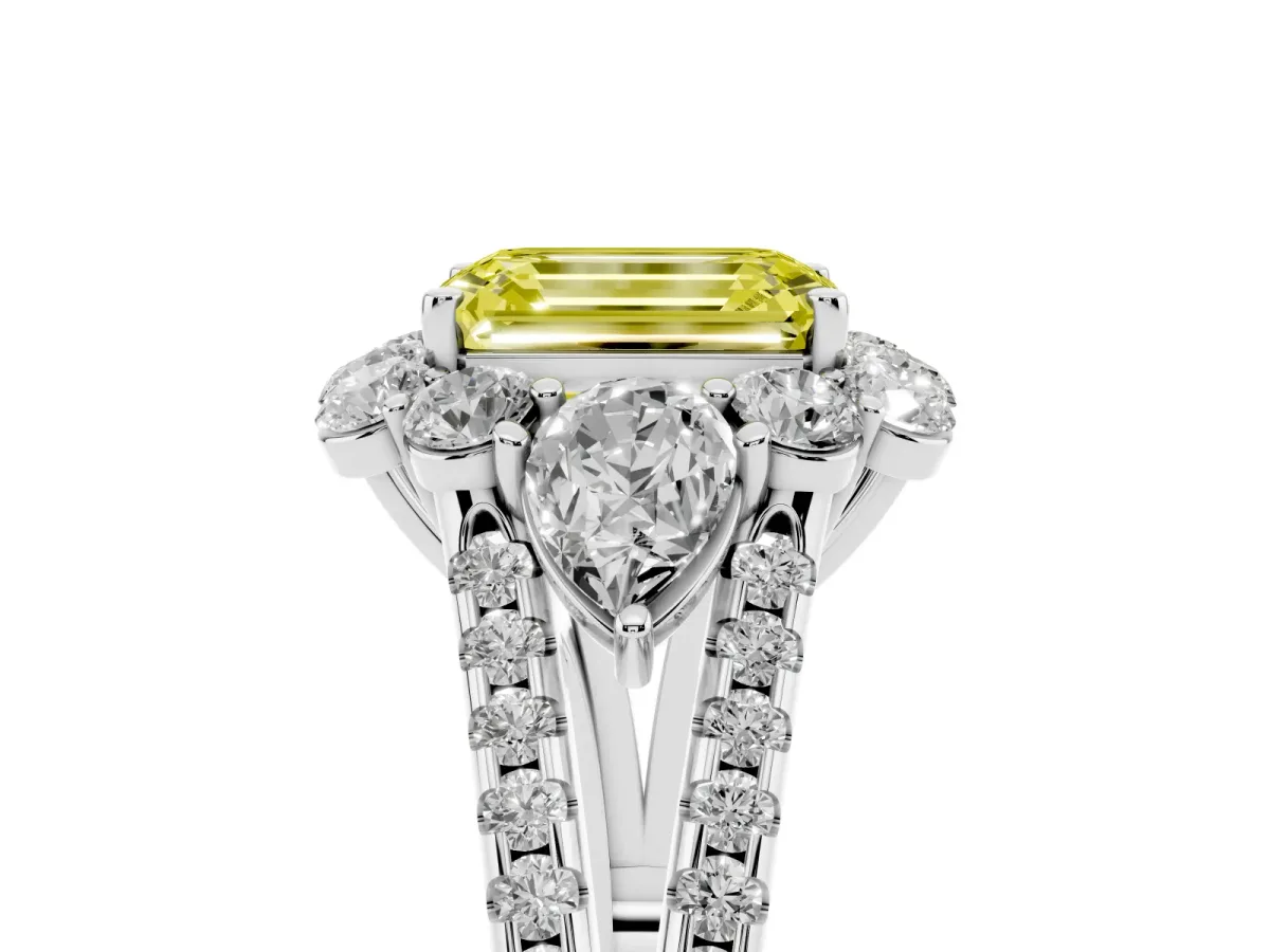 Fancy Yellow Emerald Cut Halo Split Shank Diamond Engagement Ring with Prong Setting Platinum