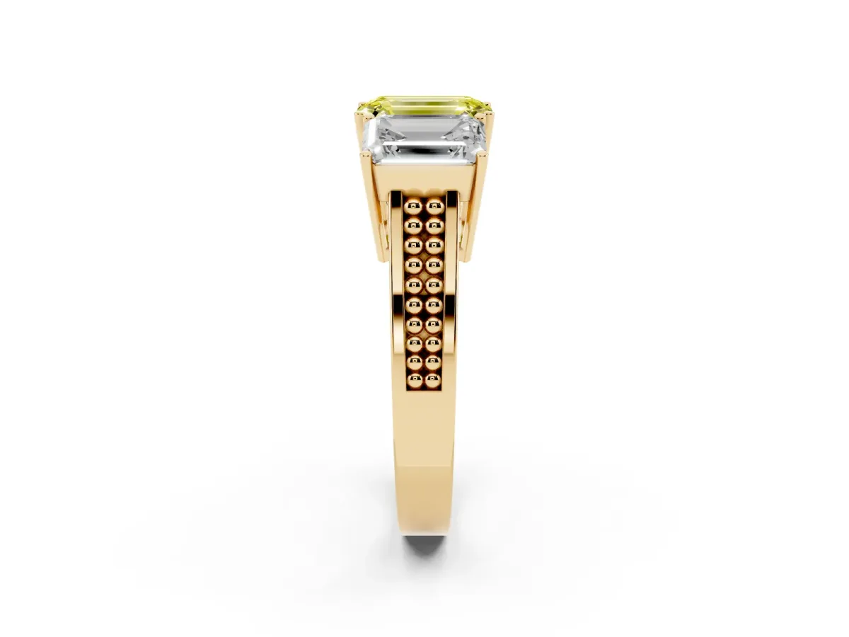 Fancy Yellow Emerald Cut Diamond Three-Stone Ring with Prong Setting and Textured Band Yellow gold