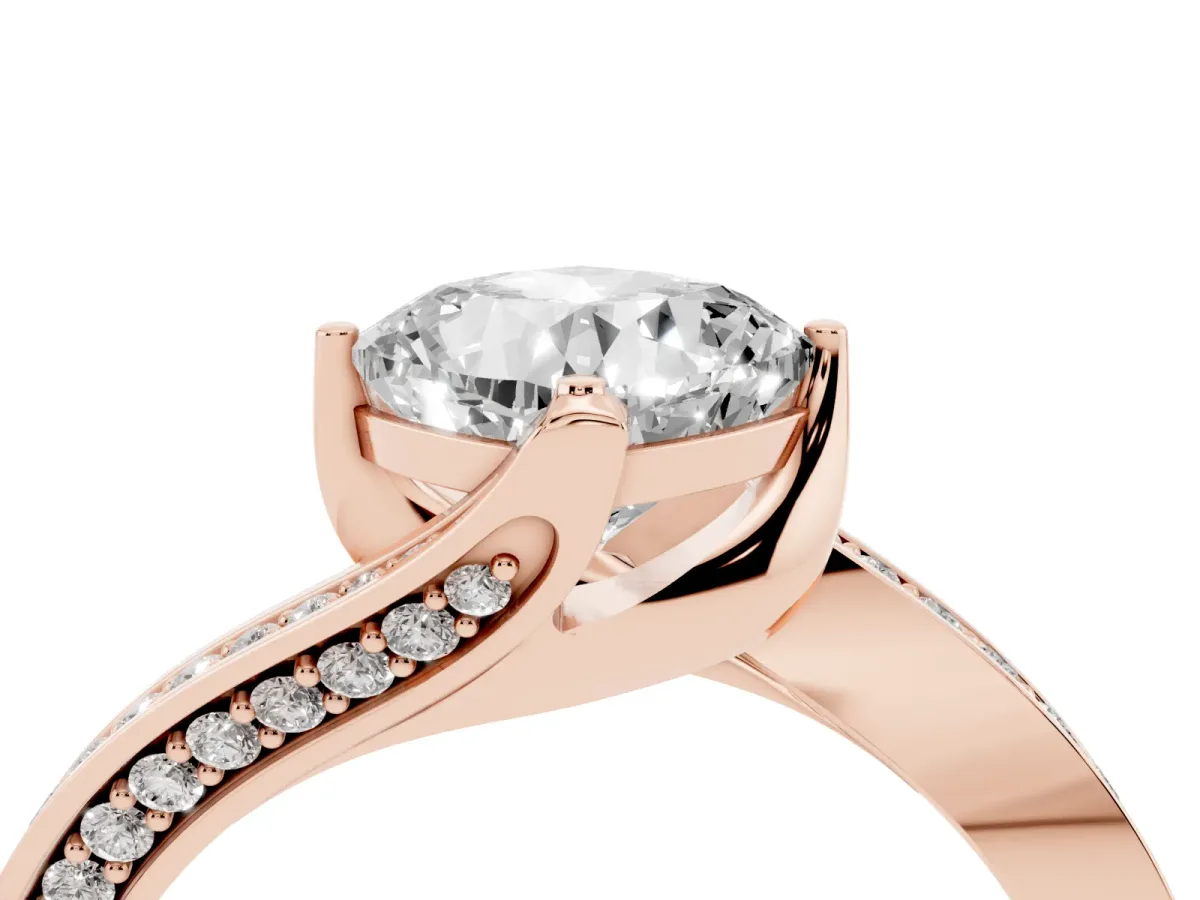Cushion Cut Solitaire Diamond Twist Band with Pavé Setting and Four-Prong Setting Rose gold