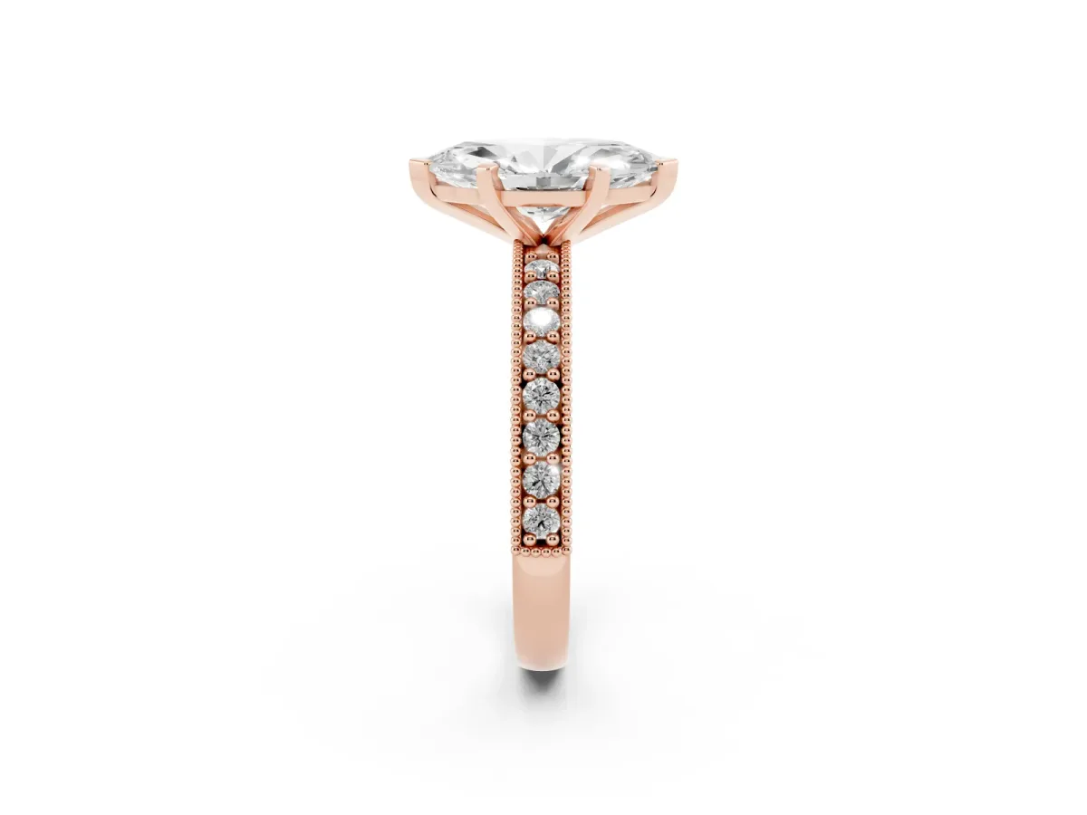 Marquise Cut Diamond Milgrain Pavé Engagement Ring with Four-Prong Setting Rose gold
