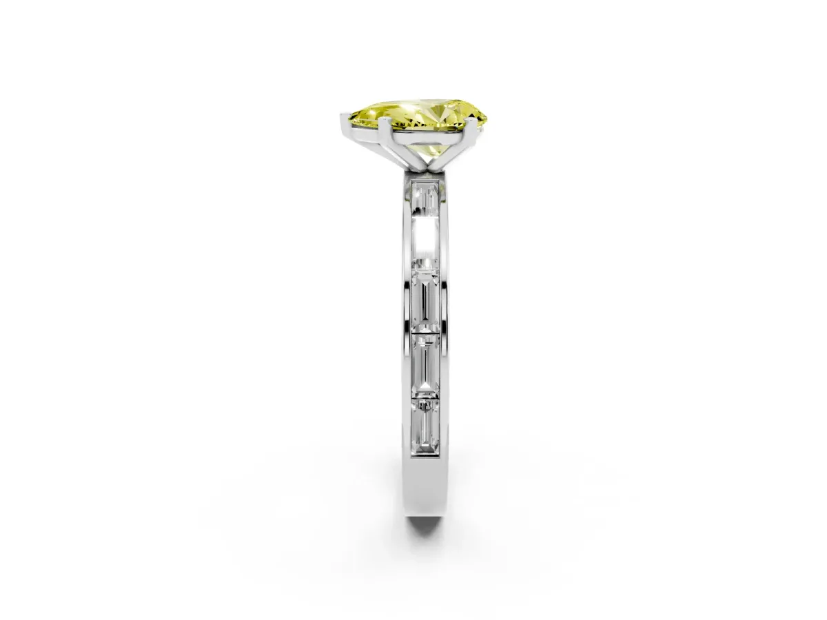 Fancy Yellow Pear Cut Solitaire Diamond Ring with Channel-Set Baguette Band and Four-Prong Setting Silver