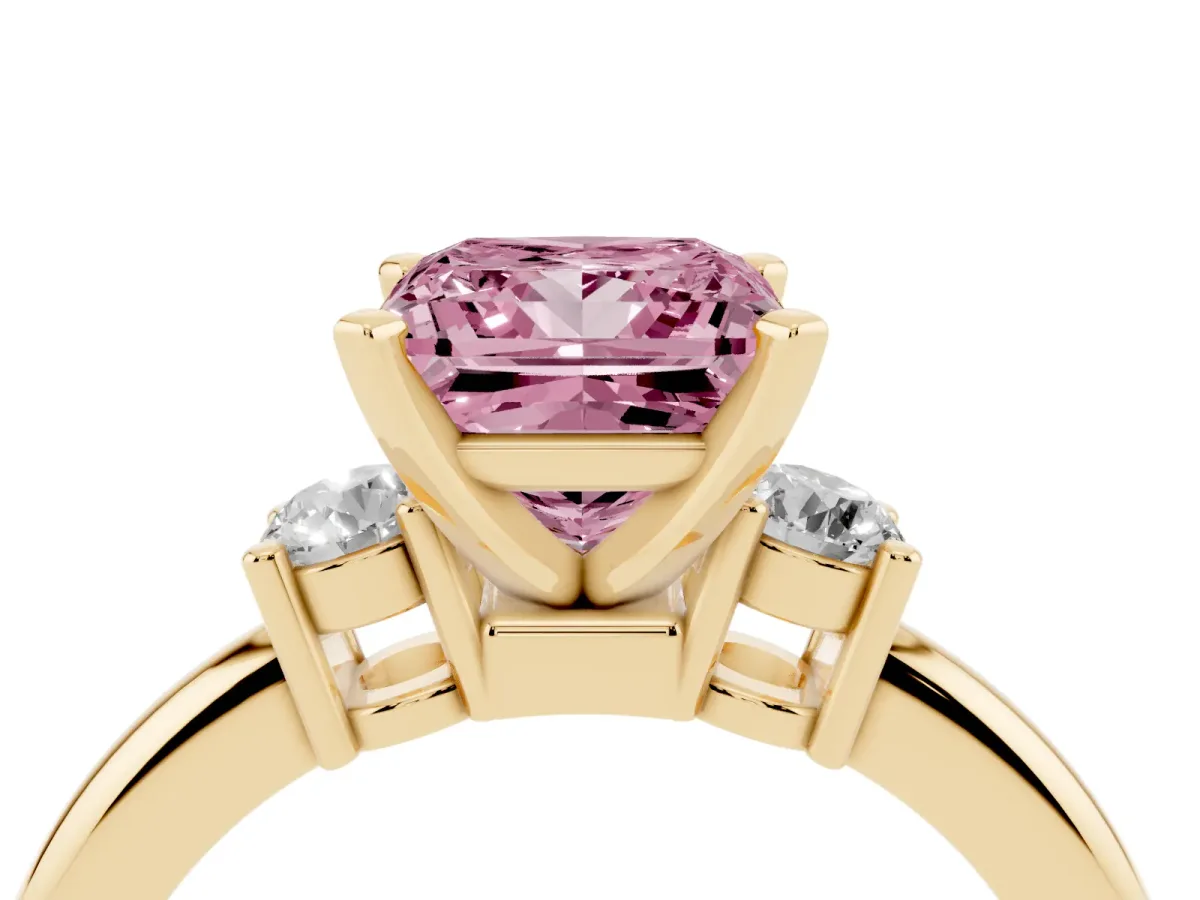 Fancy Pink Three-Stone Princess Cut Cut Diamond Solitaire with Prong Setting and Classic Band Yellow gold