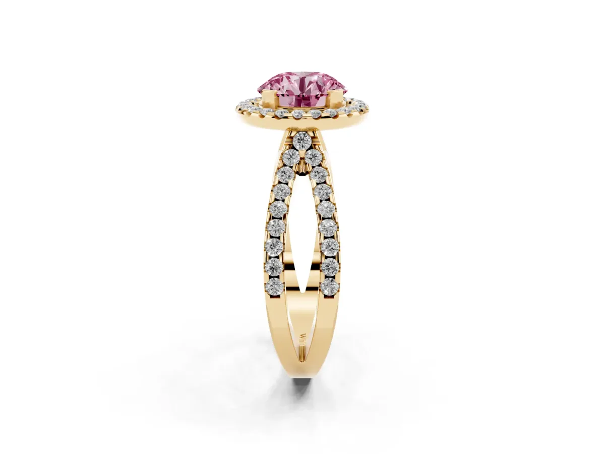 Fancy Pink Round Cut Diamond Halo Ring with Split Shank Pavé Band and Prong Setting Yellow gold