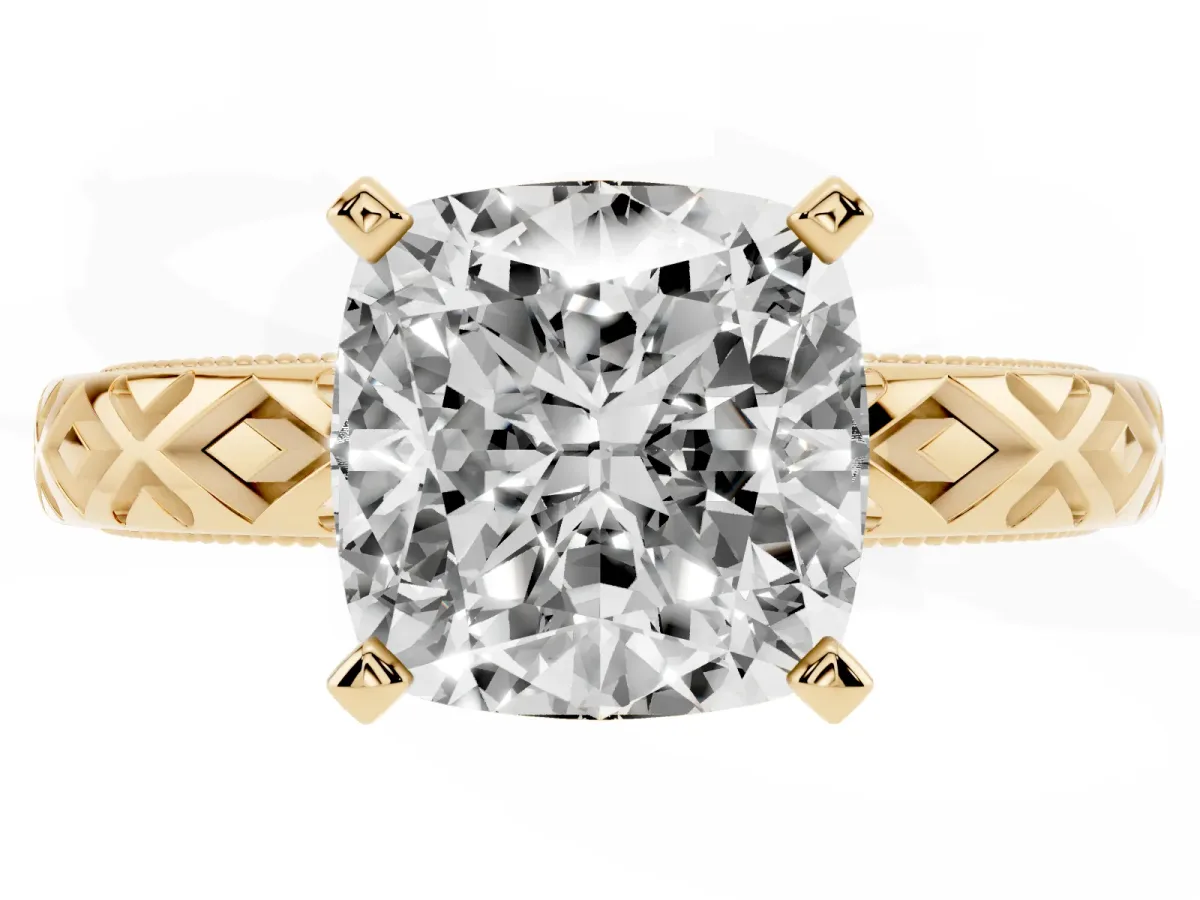 Cushion Cut Solitaire Diamond Ring with Milgrain and Black Enamel X Pattern Band Yellow gold