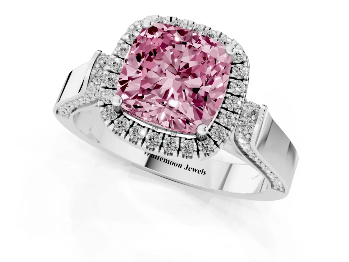 Fancy Pink Cushion Cut Halo Pave Split Shank Prong Setting Ring Silver