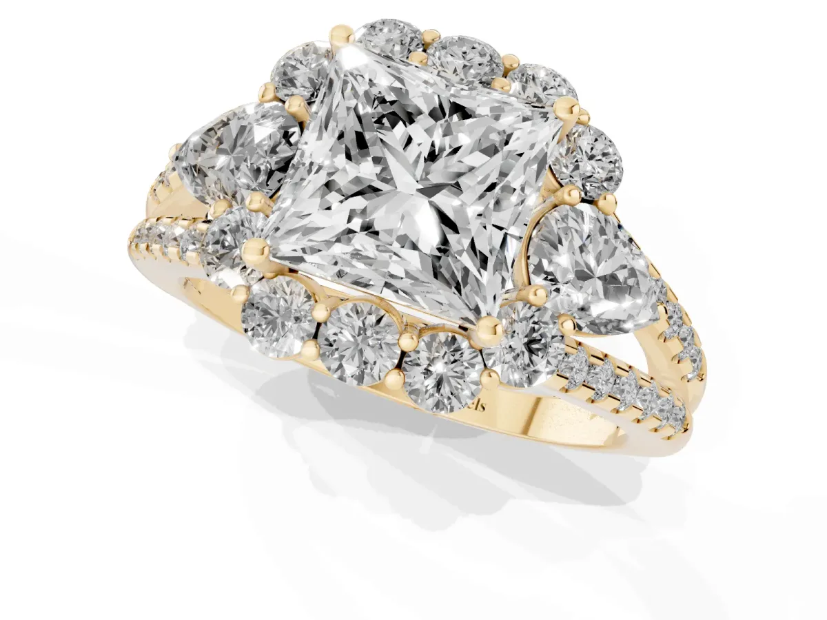 Princess Cut Halo Split Shank Diamond Engagement Ring with Prong Setting Yellow gold