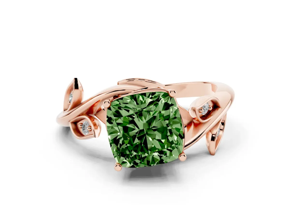 Fancy Green Cushion Cut Solitaire Twist Engagement Ring with Leaf Accents and Prong Setting Rose gold