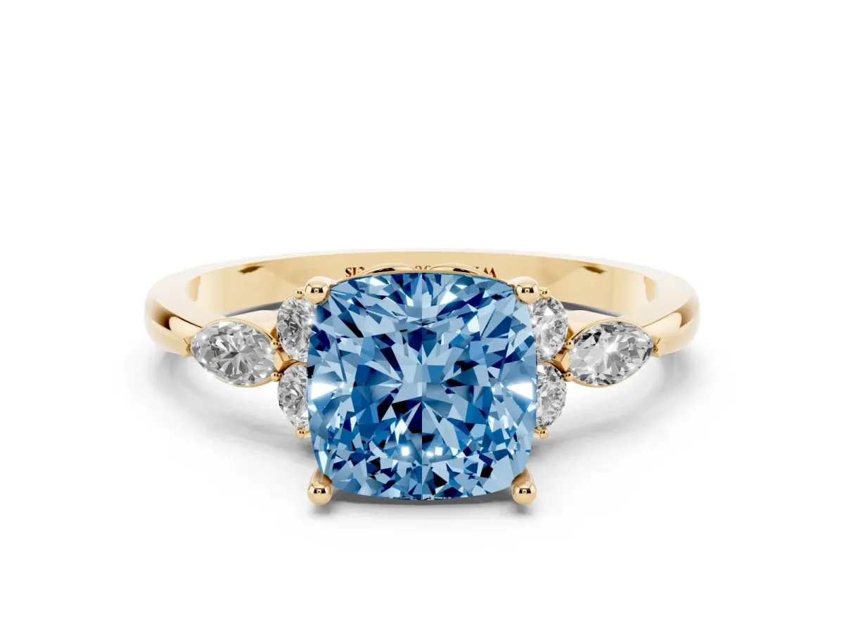 Fancy Blue Cushion Cut Brilliant Diamond Solitaire Ring with Pear Side Stones and Four-Prong Setting Yellow gold