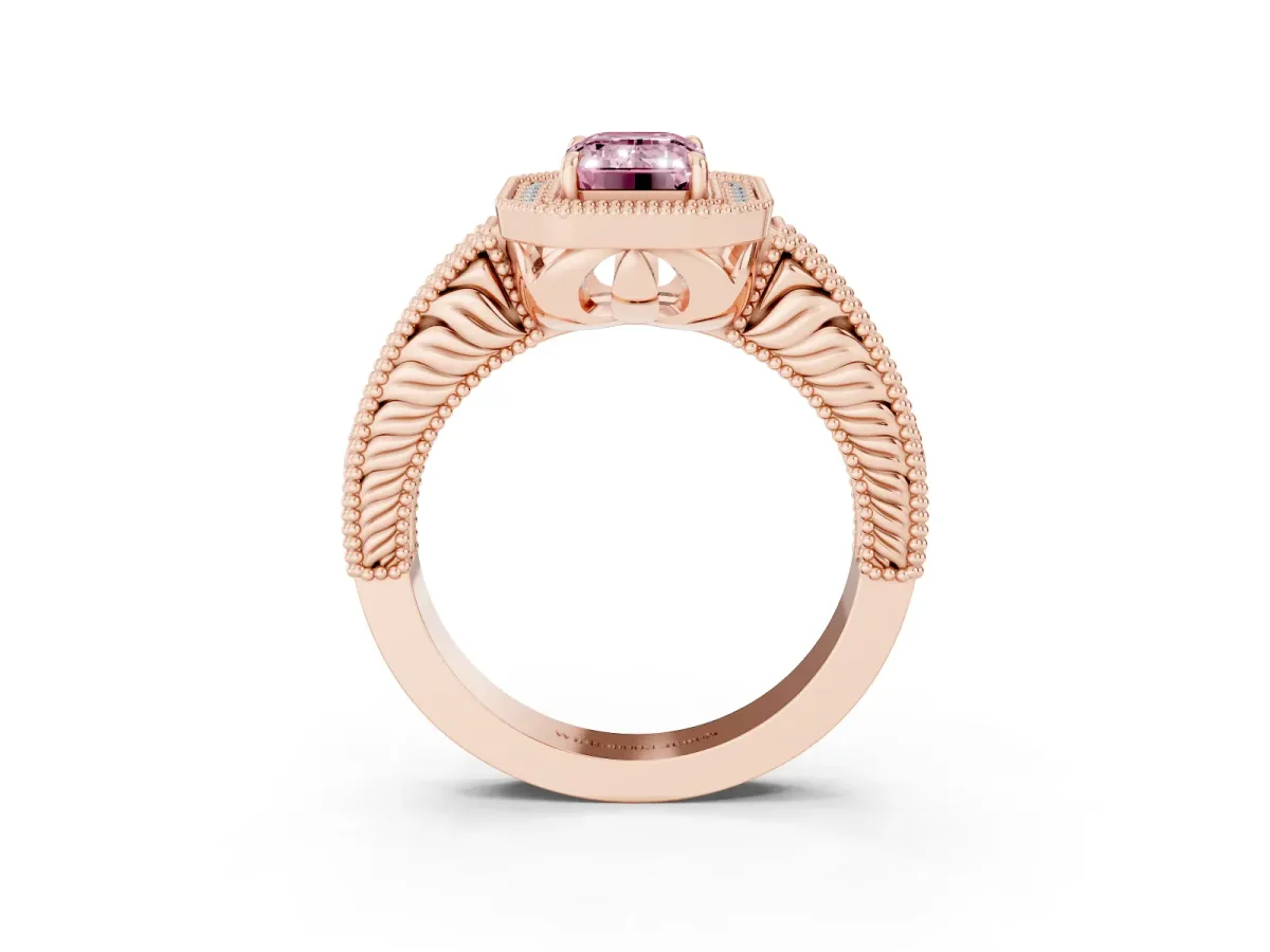 Fancy Pink Emerald Cut Cut Halo Diamond Ring with Pavé Band and Four-Prong Setting Rose gold