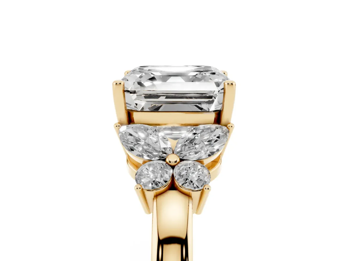 Asscher Cut Cut Solitaire Floral Diamond Ring with Four-Prong Setting Yellow gold