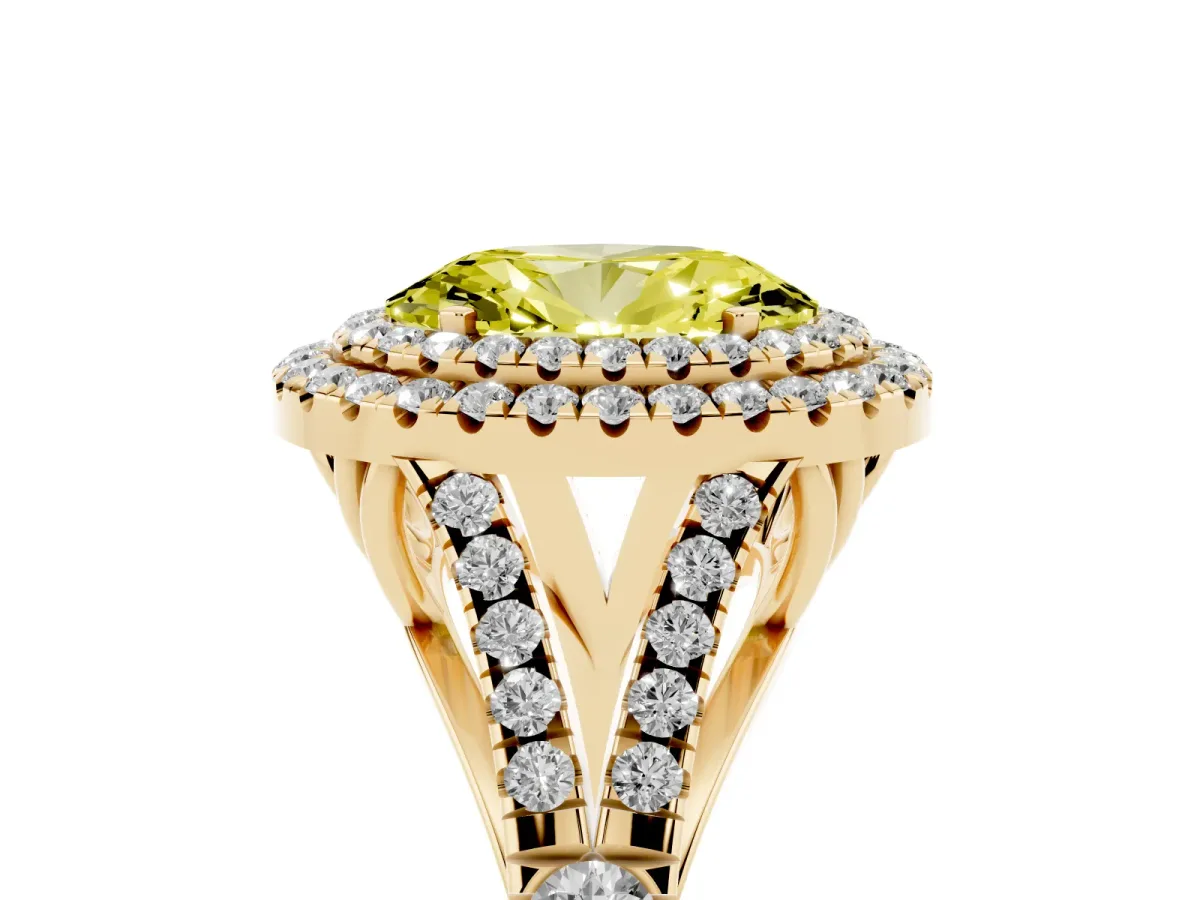 Fancy Yellow Oval Cut Diamond Pavé Split Shank Double Halo Engagement Ring Yellow gold
