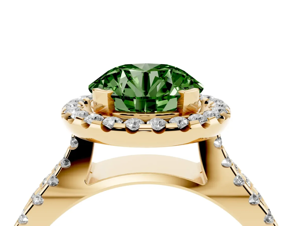 Fancy Green Round Cut Diamond Halo Ring with Split Shank Pavé Band and Prong Setting Yellow gold