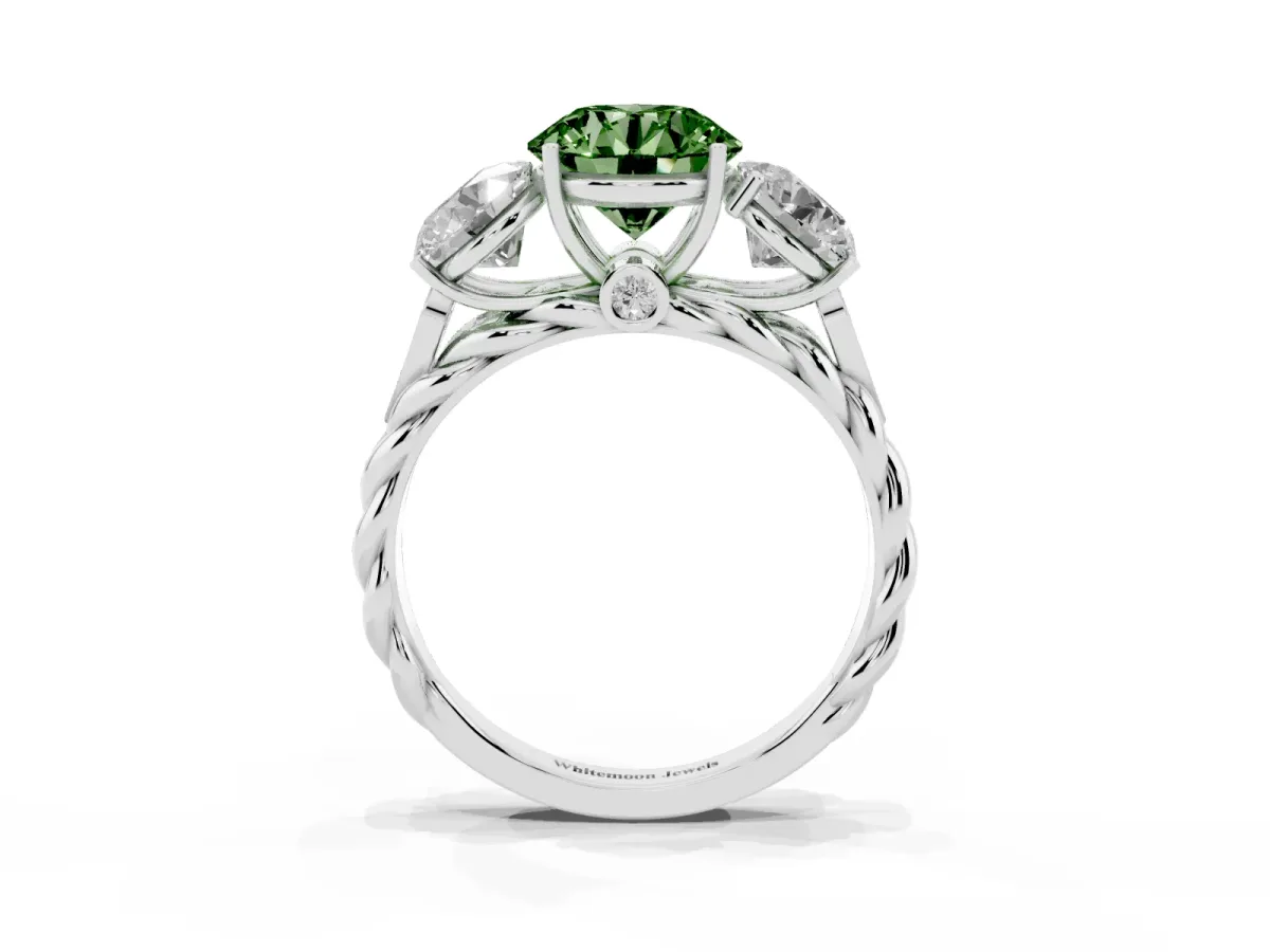Fancy Green Three-Stone Round Cut Diamond Braided Band Ring with Four-Prong Setting Platinum