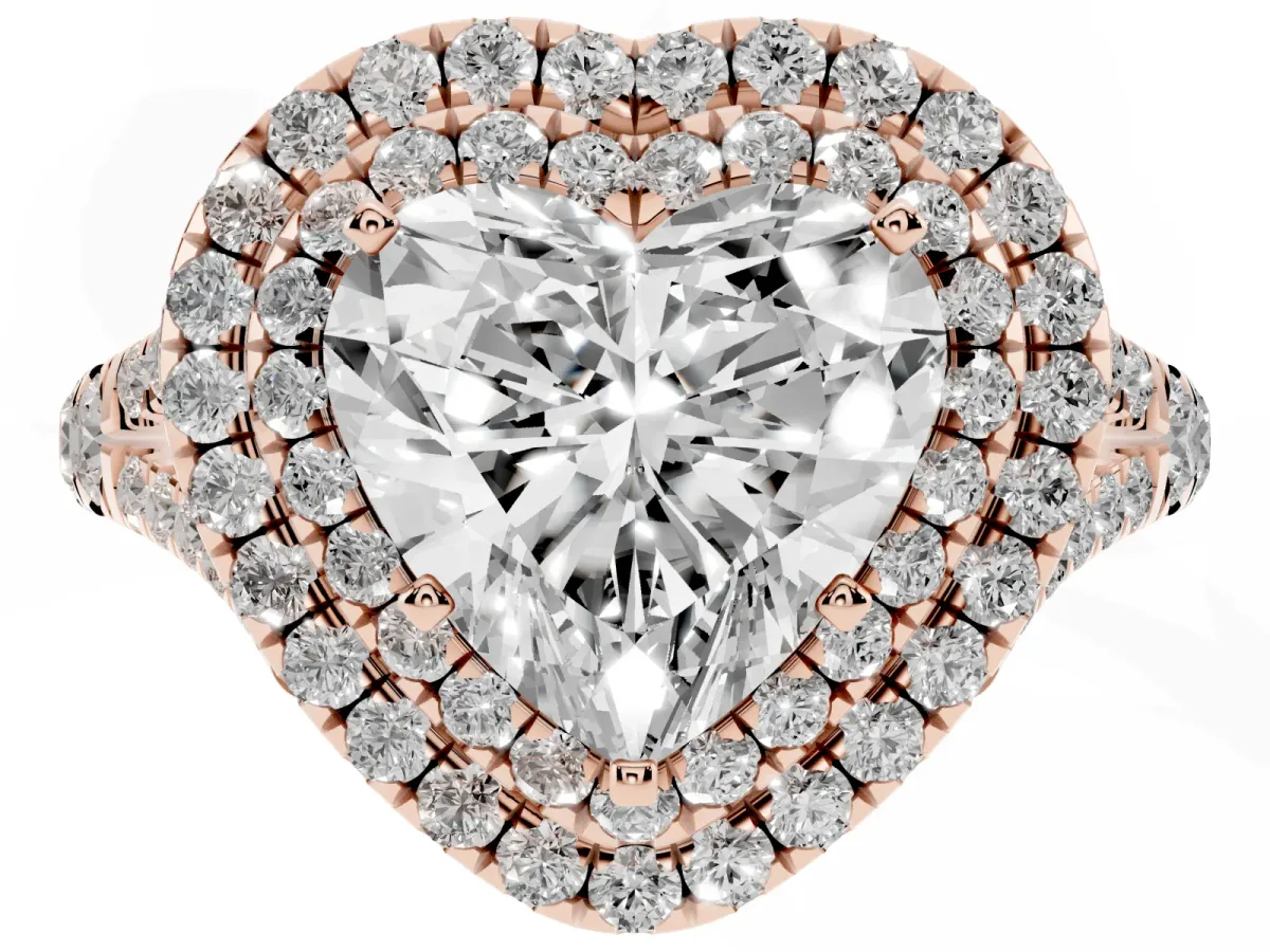 Heart Cut Cut Double Halo Split Shank Diamond Ring with Prong Setting Rose gold