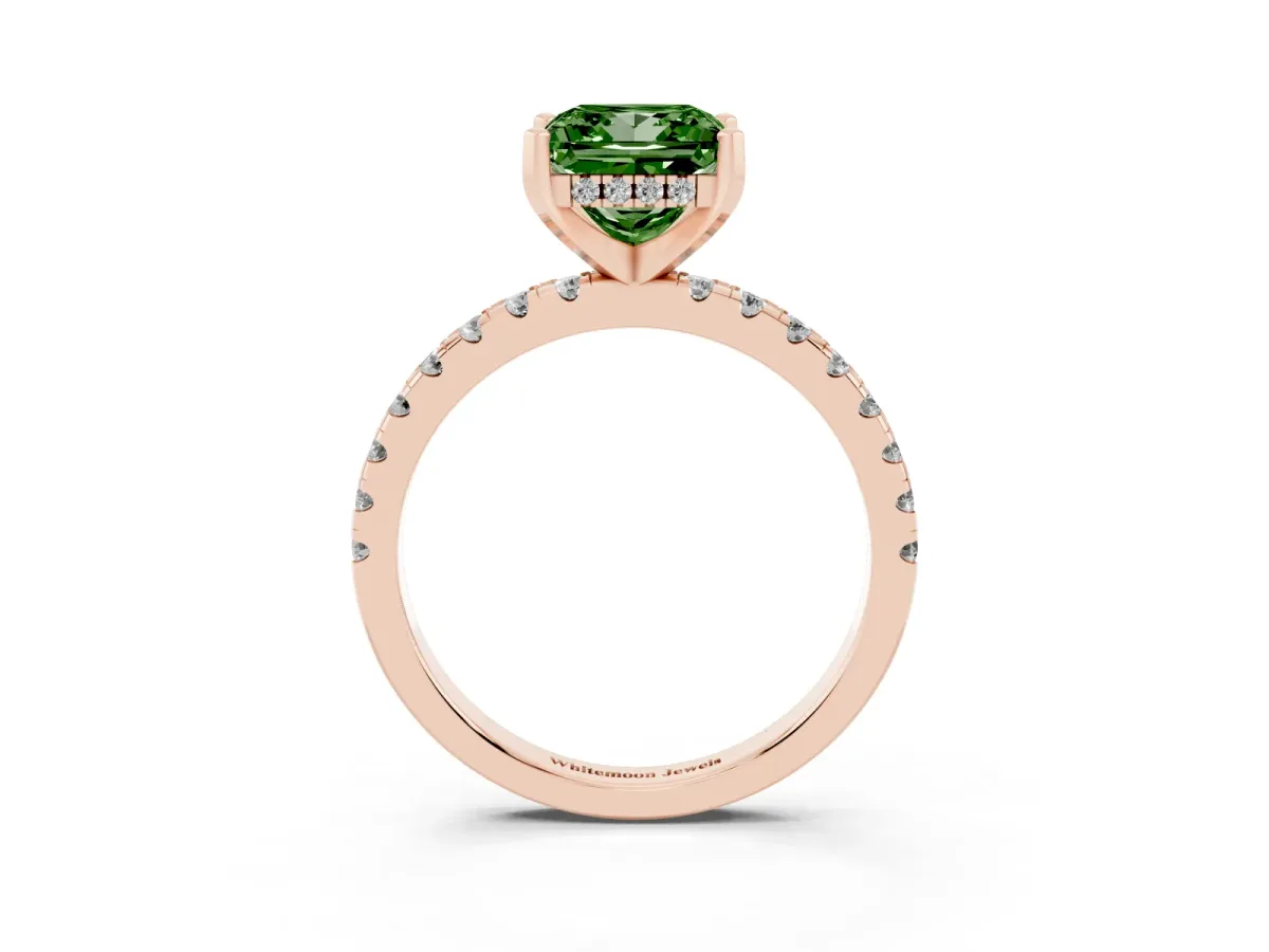 Fancy Green Princess Cut Diamond Solitaire Ring with Round Pavé Band and Four-Prong Setting Rose gold