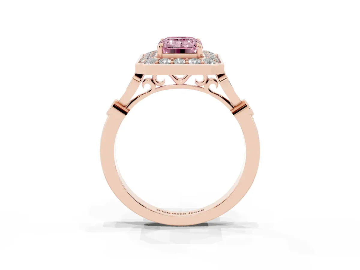 Fancy Pink Emerald Cut Halo Diamond Engagement Ring with Twisted Band and Four-Prong Setting Rose gold