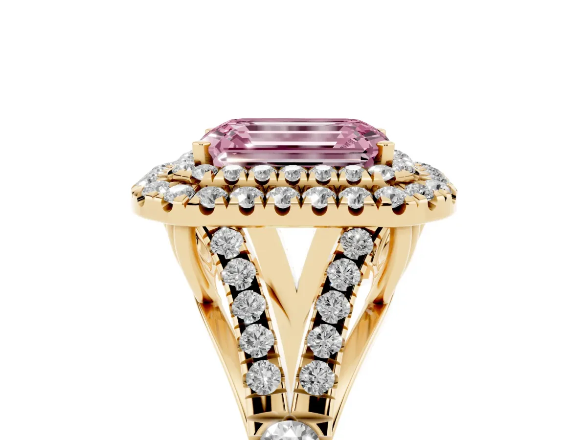 Fancy Pink Emerald Cut Diamond Pavé Split Shank Double Halo Engagement Ring Yellow gold