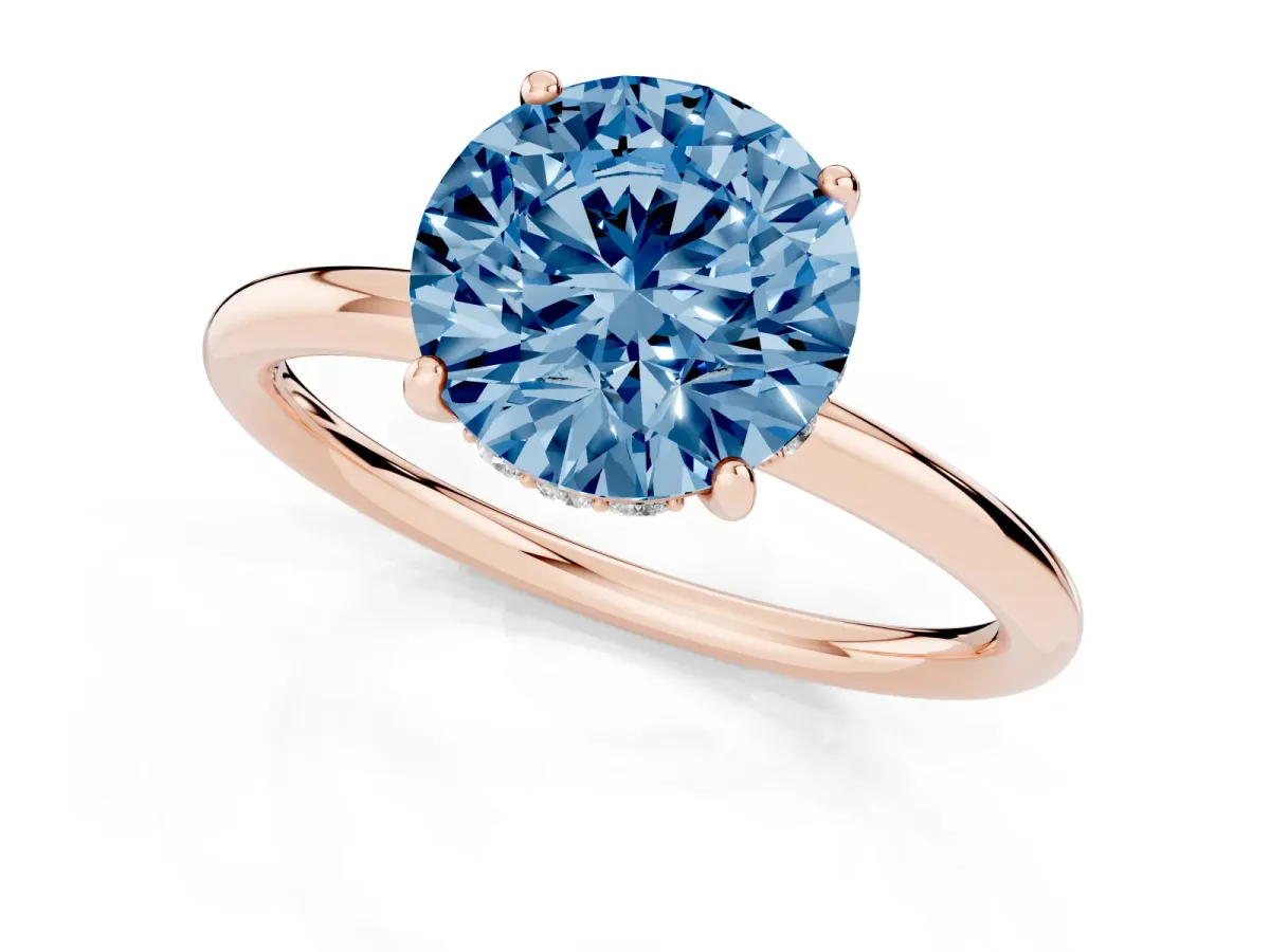 Fancy Blue Round Cut Solitaire Diamond Ring with a Classic Band and Four-Prong Setting Rose gold