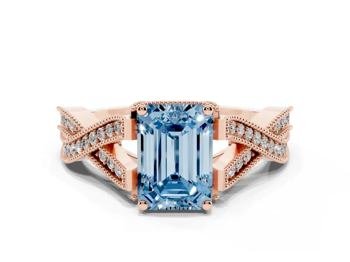 Fancy Blue Emerald Cut Cut Diamond Twisted Band with Milgrain Pave Setting and Four-Prong Setting Rose gold