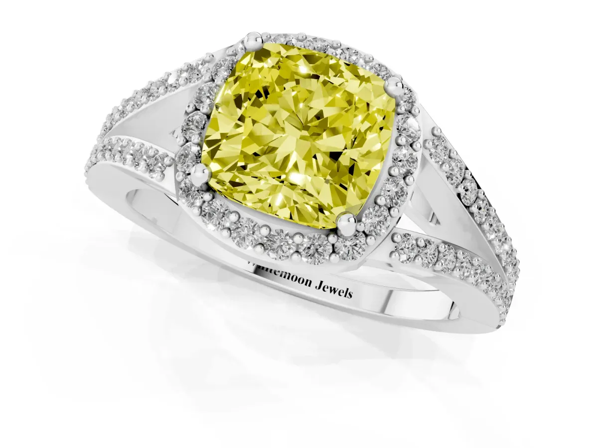 Fancy Yellow Cushion Cut Halo Split Shank Pave Diamond Ring with Four-Prong Setting Silver