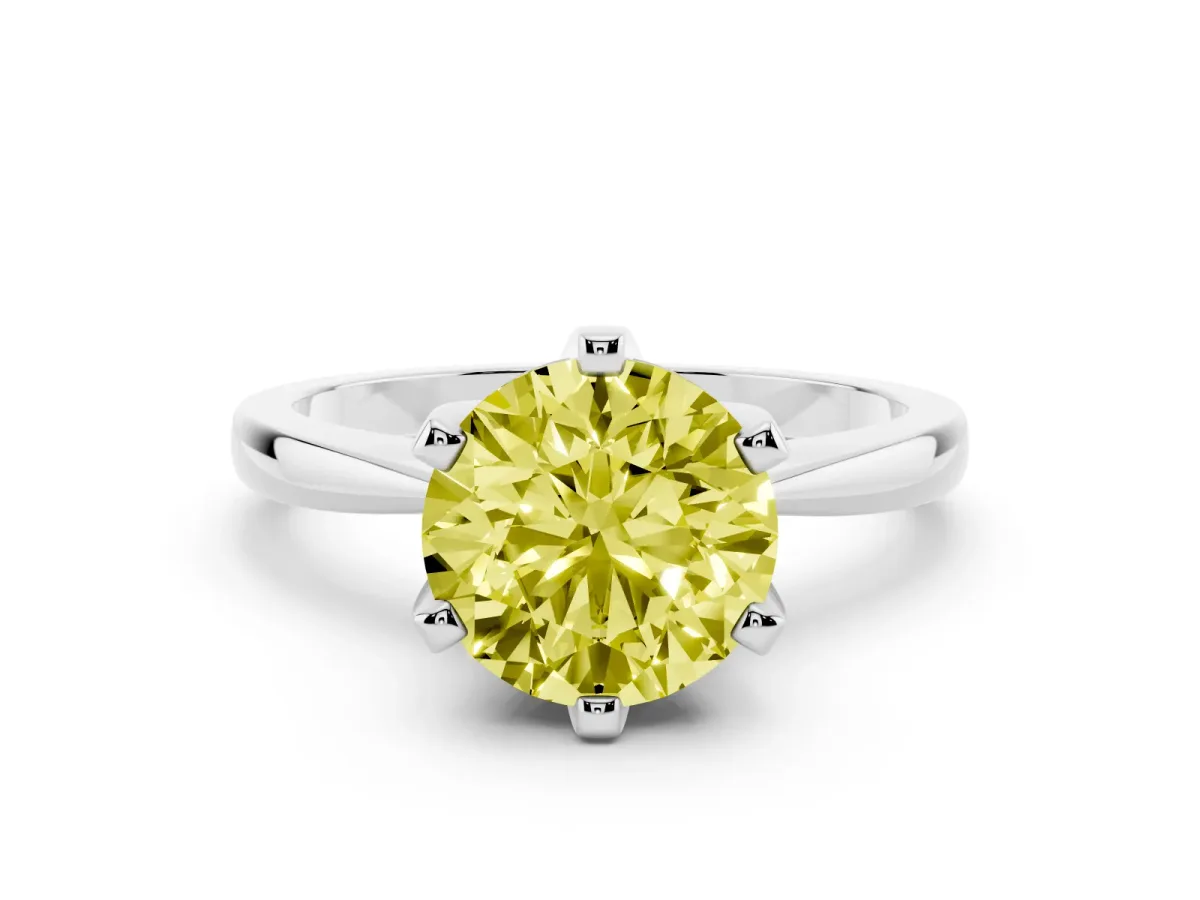 Fancy Yellow Round Cut Solitaire Engagement Ring with Six-Prong Setting and Tapered Band Silver
