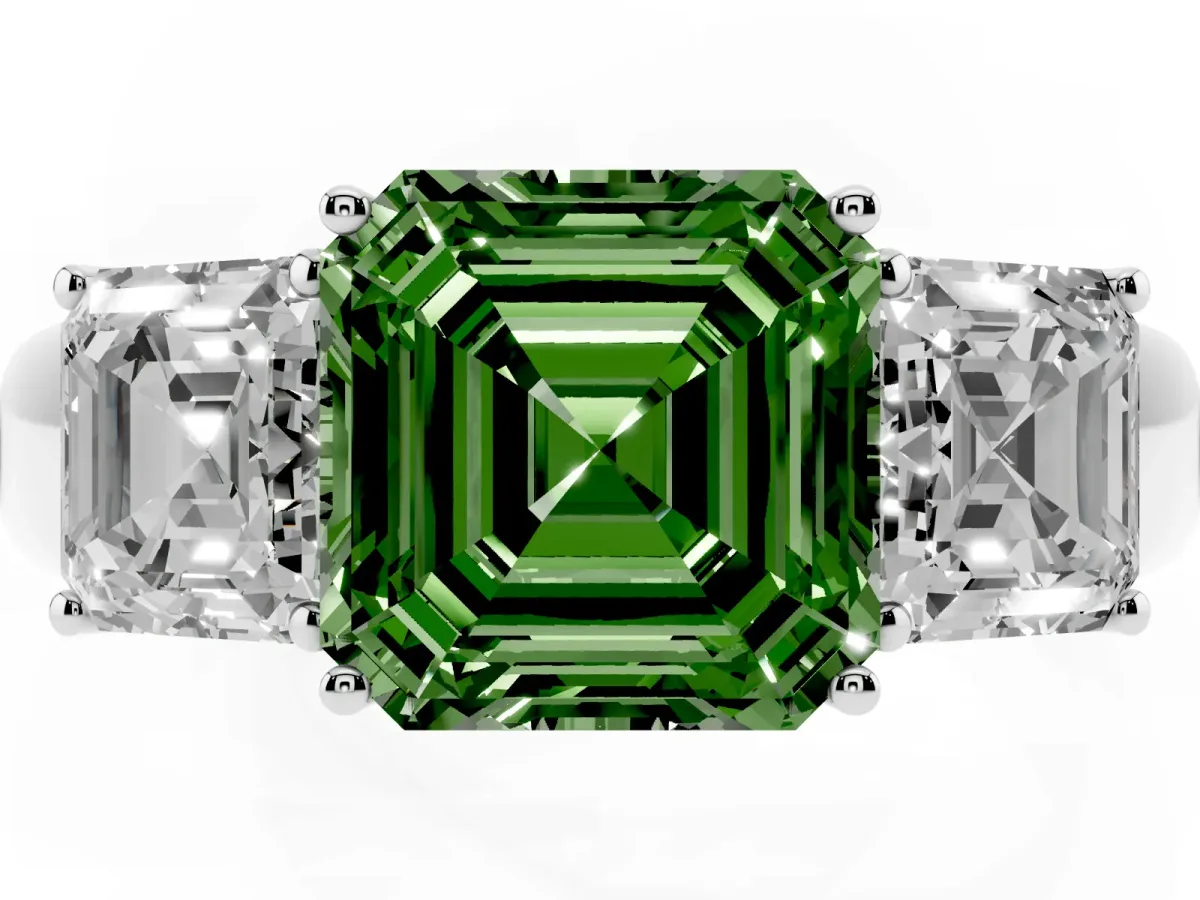 Fancy Green Three-Stone Asscher Cut Cut Diamond Ring with Prong Setting and Classic Band Silver