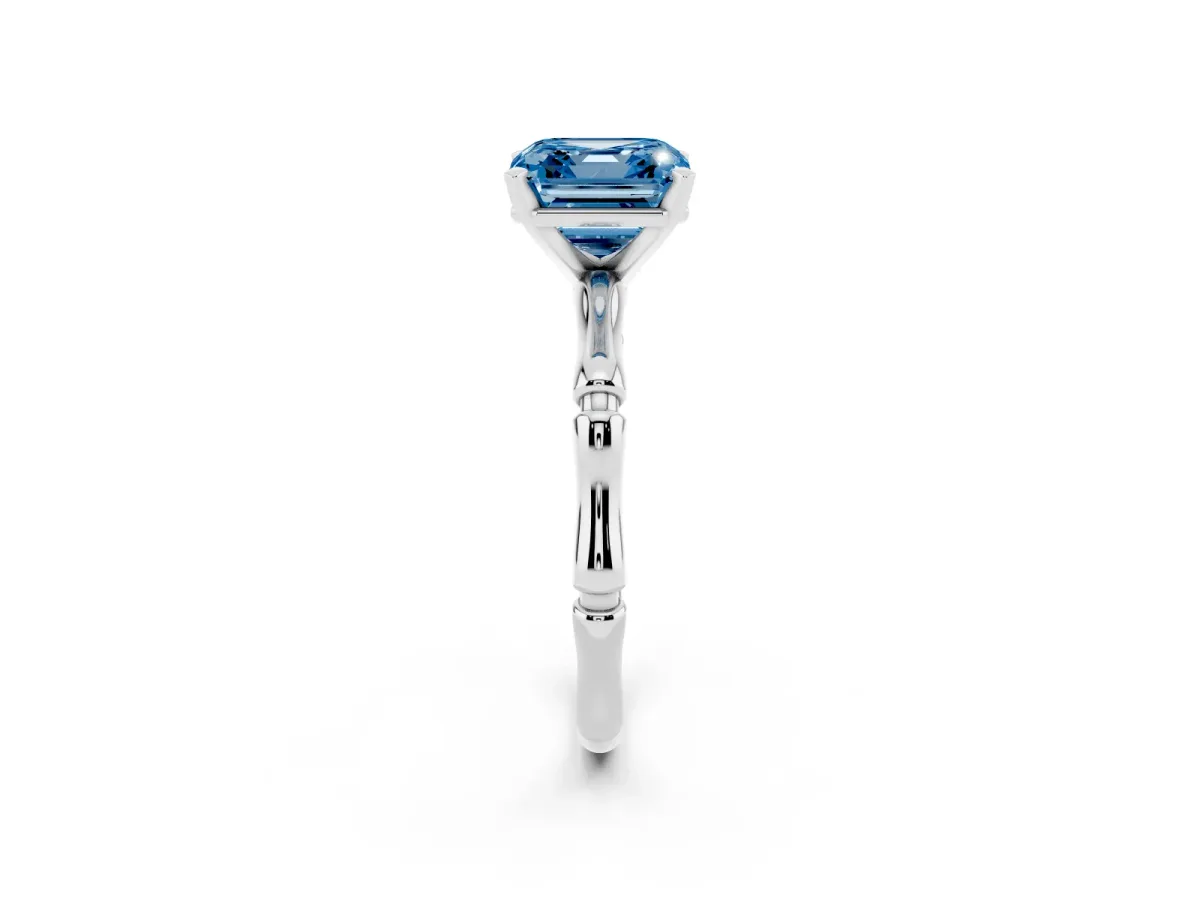 Fancy Blue Asscher Cut Solitaire Diamond Ring with Bamboo Band and Four-Prong Setting Platinum